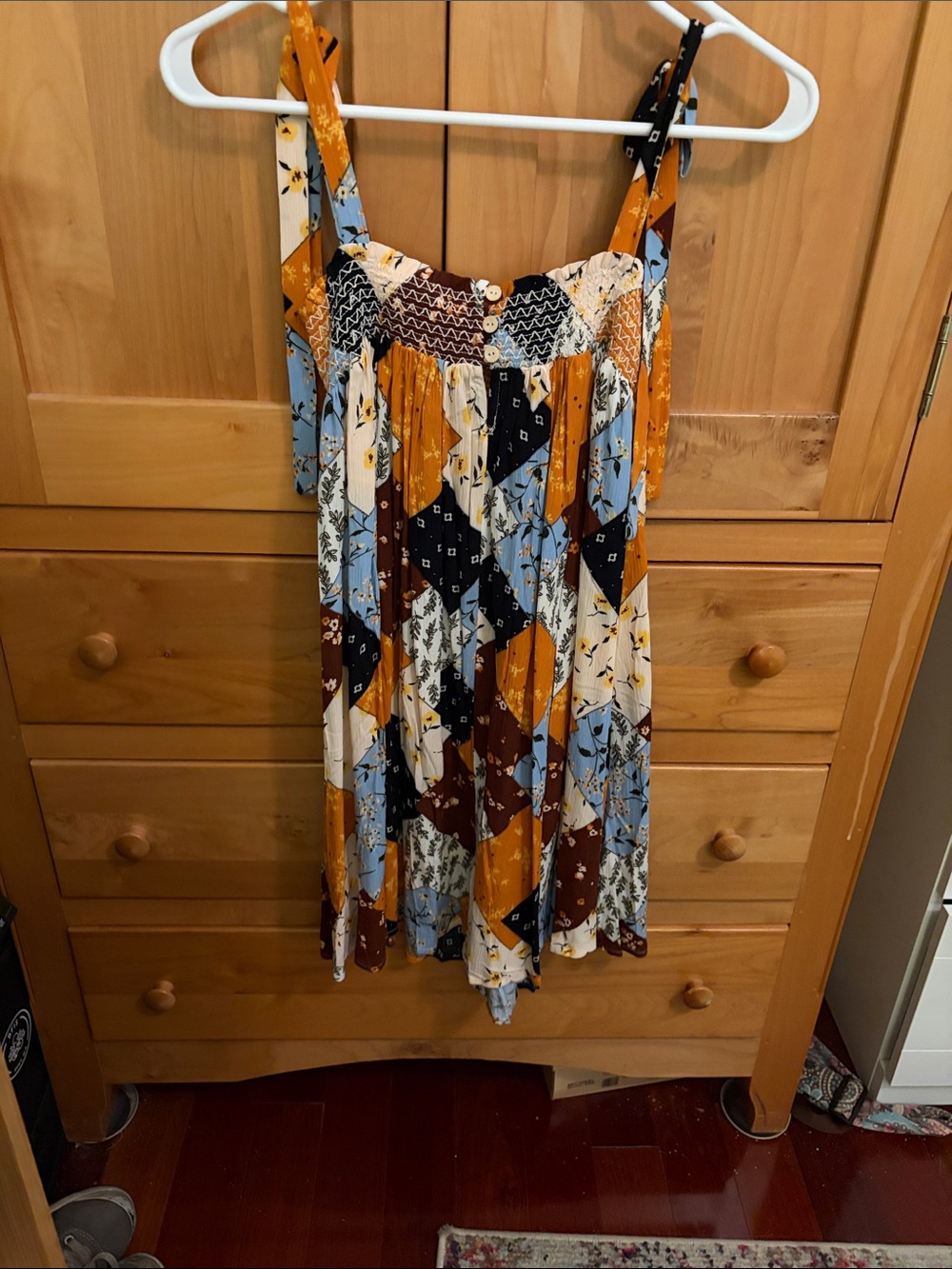 Boho Patchwork Sundress in Mustard, Blue & Brown